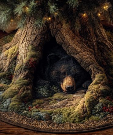Black Bear Asleep Hollow Tree Skirt — Rustic Handcrafted Christmas Tree Skirt With Sleeping Bear Motif, Made To Order