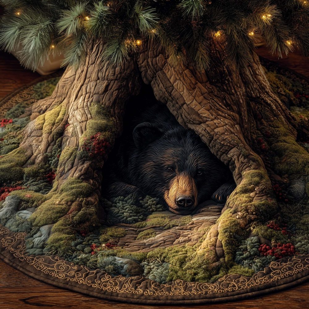 Black Bear Asleep Hollow Tree Skirt — Rustic Handcrafted Christmas Tree Skirt With Sleeping Bear Motif, Made To Order