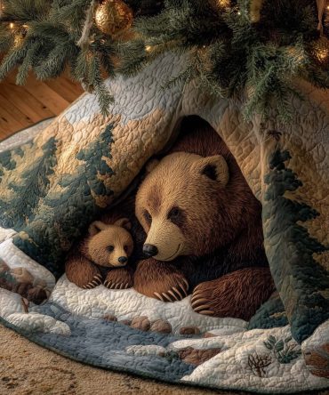Brown Bear & Cub Den Tree Skirt — Handmade Quilted Christmas Skirt With Heartwarming Bear Family Design, Custom Sizes