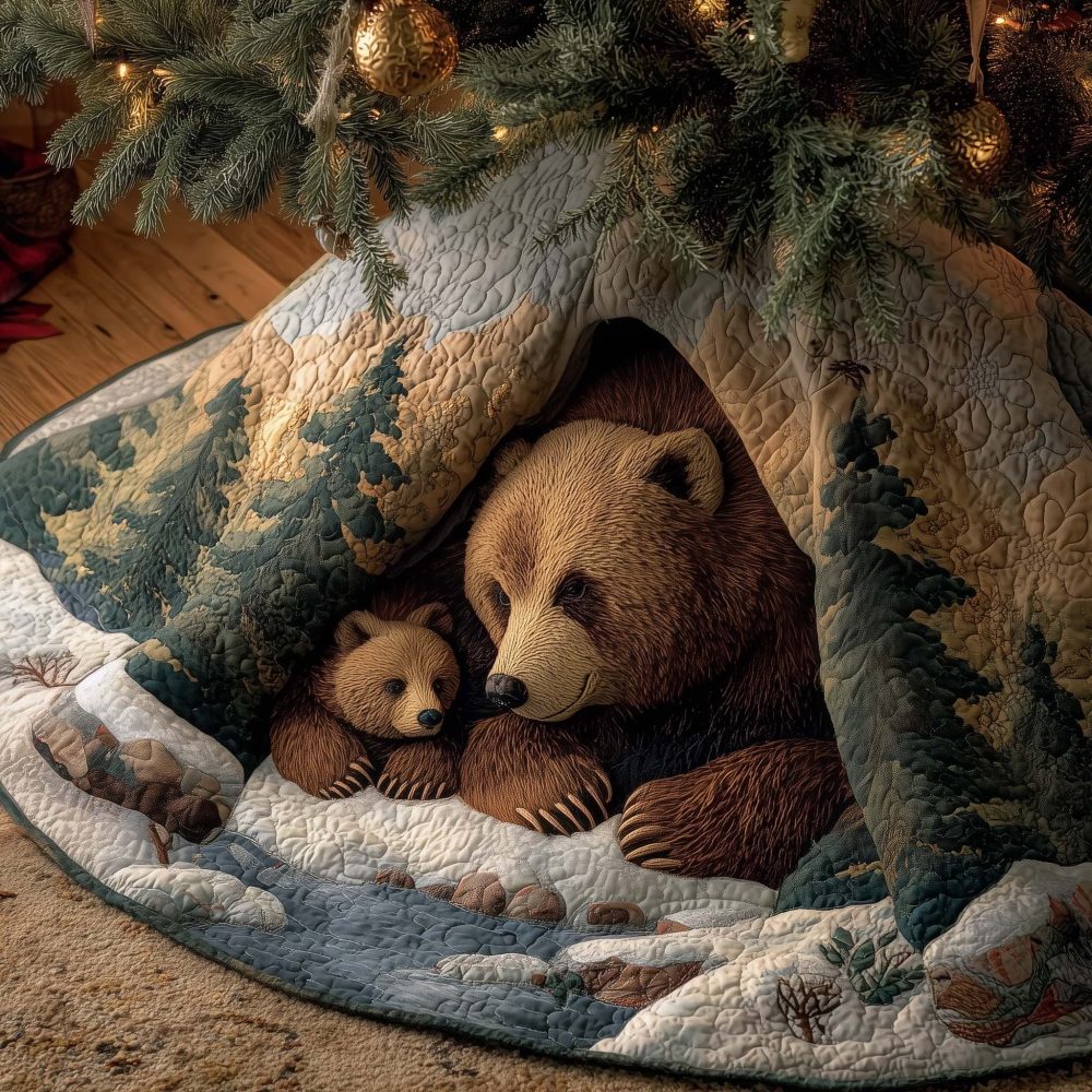 Brown Bear & Cub Den Tree Skirt — Handmade Quilted Christmas Skirt With Heartwarming Bear Family Design, Custom Sizes