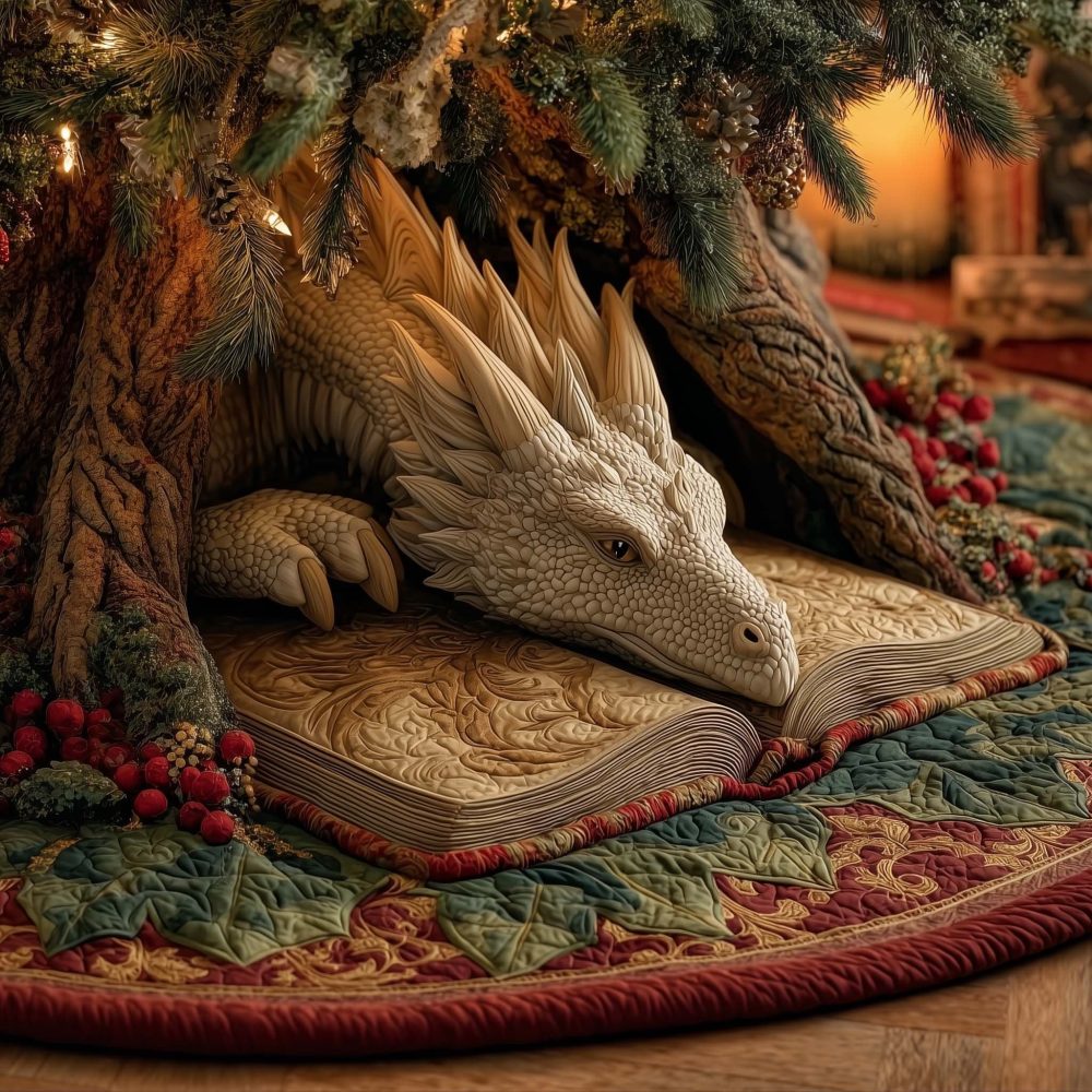 Mystic Dragon Christmas Tree Skirt - Handcrafted Fantasy Holiday Tree Base, Unique Dragon Themed Home Decor