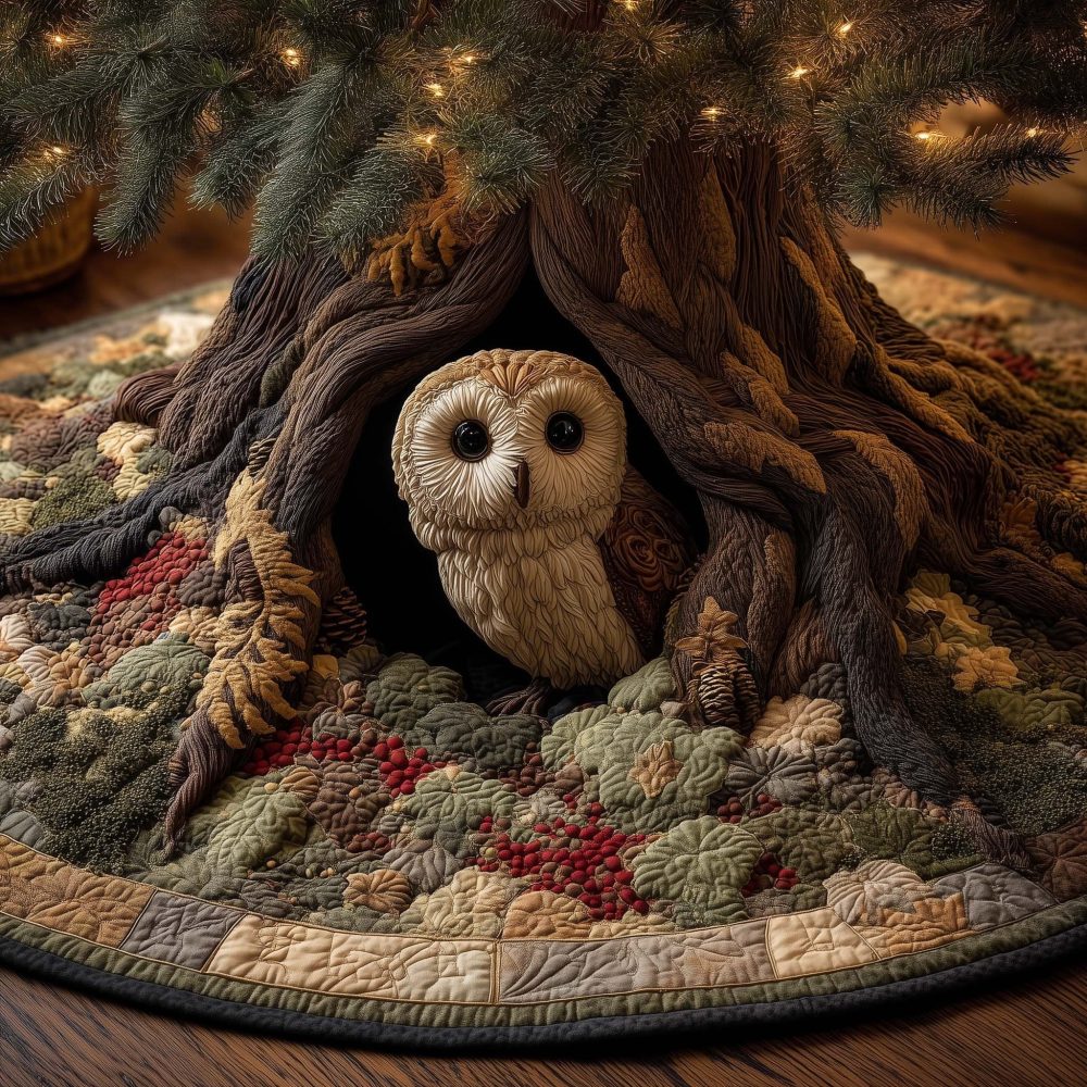 Enchanting Dream Owl Christmas Tree Skirt - Custom Handmade Holiday Tree Base, Whimsical Owl Home Decor