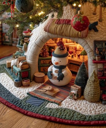 Cozy Snowman By Cabin Fireplace Tree Skirt — Handcrafted Christmas Tree Skirt With Warm Hearth Scene, Made To Order