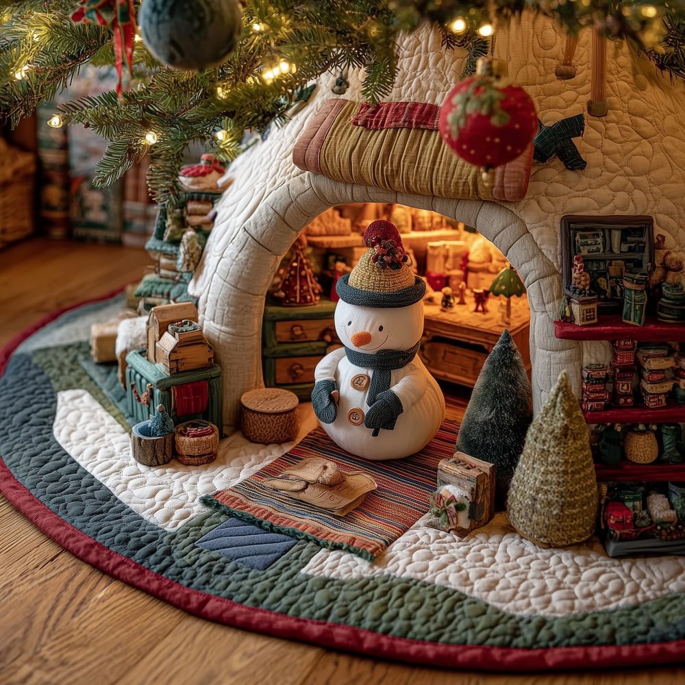 Cozy Snowman By Cabin Fireplace Tree Skirt — Handcrafted Christmas Tree Skirt With Warm Hearth Scene, Made To Order