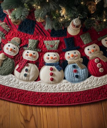 Row Of Snowmen On Red Quilt Tree Skirt — Handcrafted Festive Christmas Tree Skirt With Classic Red Holiday Charm