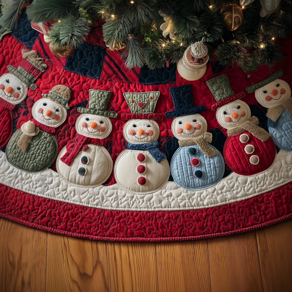 Row Of Snowmen On Red Quilt Tree Skirt — Handcrafted Festive Christmas Tree Skirt With Classic Red Holiday Charm