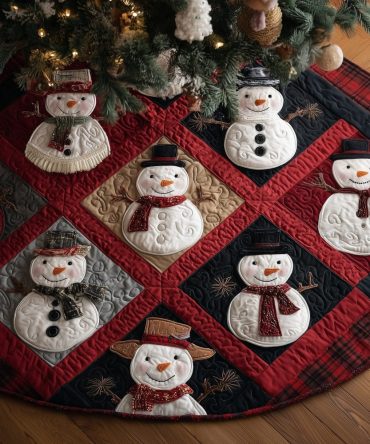 Red Diamond Lattice Snowmen Tree Skirt — Vibrant Quilted Christmas Skirt With Playful Snowman Motif, Made To Order