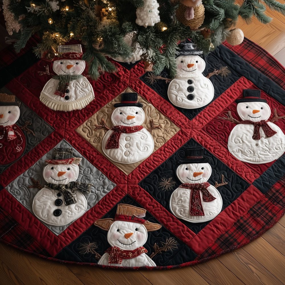 Red Diamond Lattice Snowmen Tree Skirt — Vibrant Quilted Christmas Skirt With Playful Snowman Motif, Made To Order