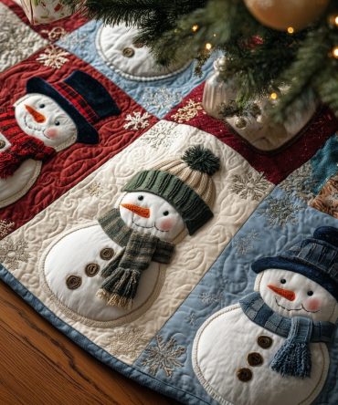 Handmade Snowmen Tree Skirt With Green Scarves — Festive Quilted Christmas Tree Skirt, Custom Sizes Available