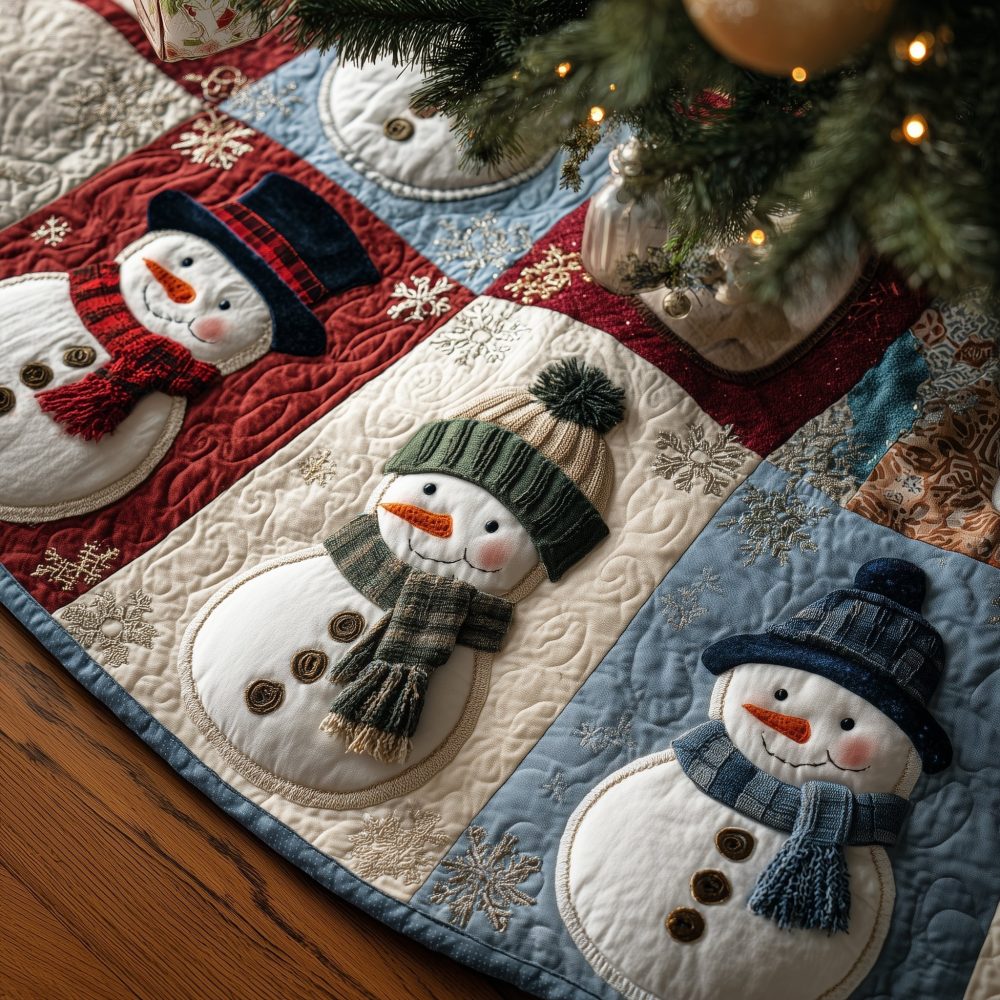 Handmade Snowmen Tree Skirt With Green Scarves — Festive Quilted Christmas Tree Skirt, Custom Sizes Available
