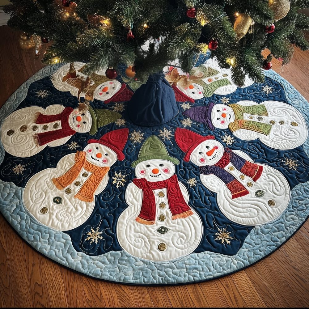 Navy & White Snowmen Quilt Tree Skirt — Classic Snowman Holiday Tree Skirt With Navy Accents, Made To Order