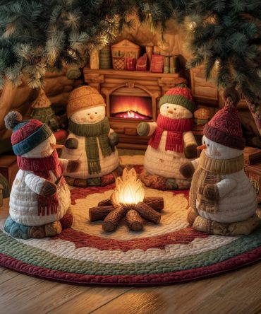 Campfire Snowmen Holiday Tree Skirt — Rustic Winter Scene With Snowmen Gathering, Handmade Custom Tree Mat