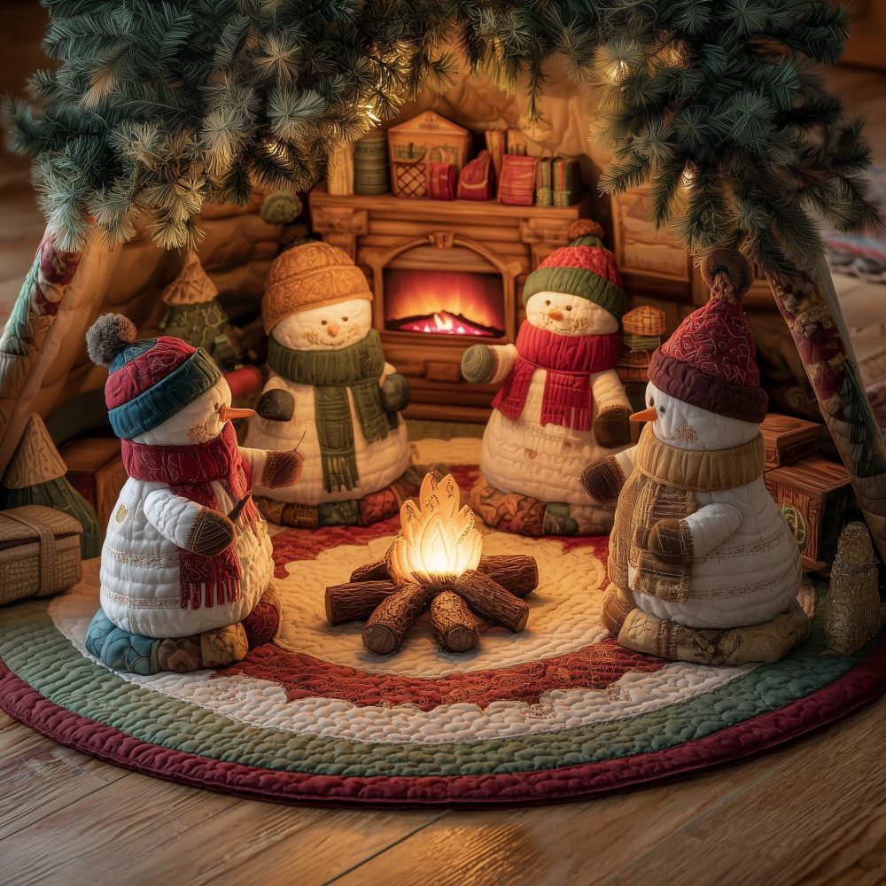 Campfire Snowmen Holiday Tree Skirt — Rustic Winter Scene With Snowmen Gathering, Handmade Custom Tree Mat