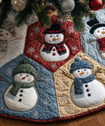 Hex Patch Snowman Sampler Tree Skirt — Quilted Holiday Patchwork With Snowman Motifs, Custom Handmade