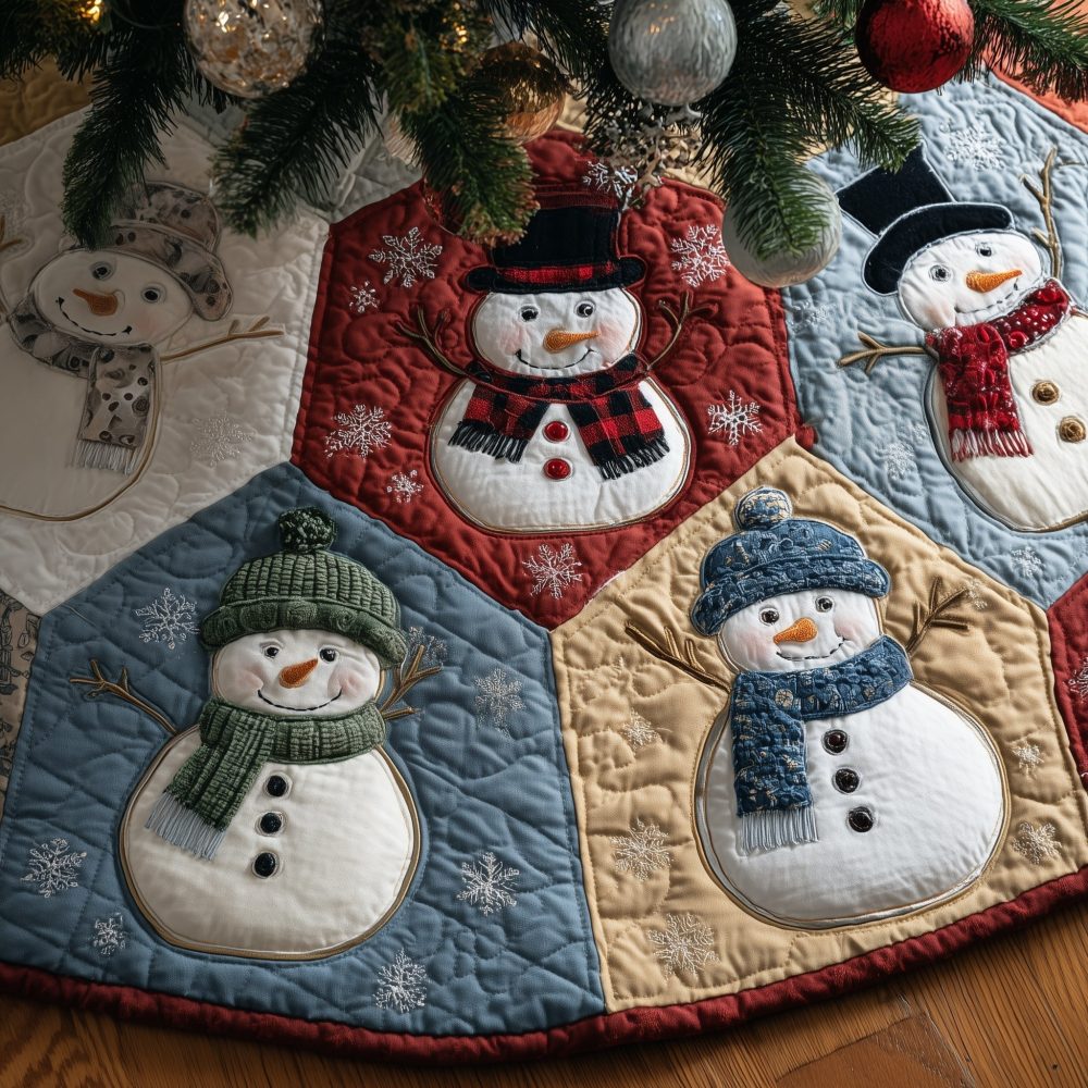 Hex Patch Snowman Sampler Tree Skirt — Quilted Holiday Patchwork With Snowman Motifs, Custom Handmade
