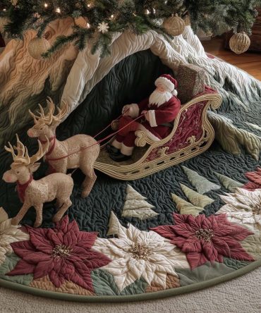 Santa Sleigh Through Pine Forest Tree Skirt — Custom Handcrafted Holiday Skirt, Reindeer & Sleigh Scene, Premium Felt Décor