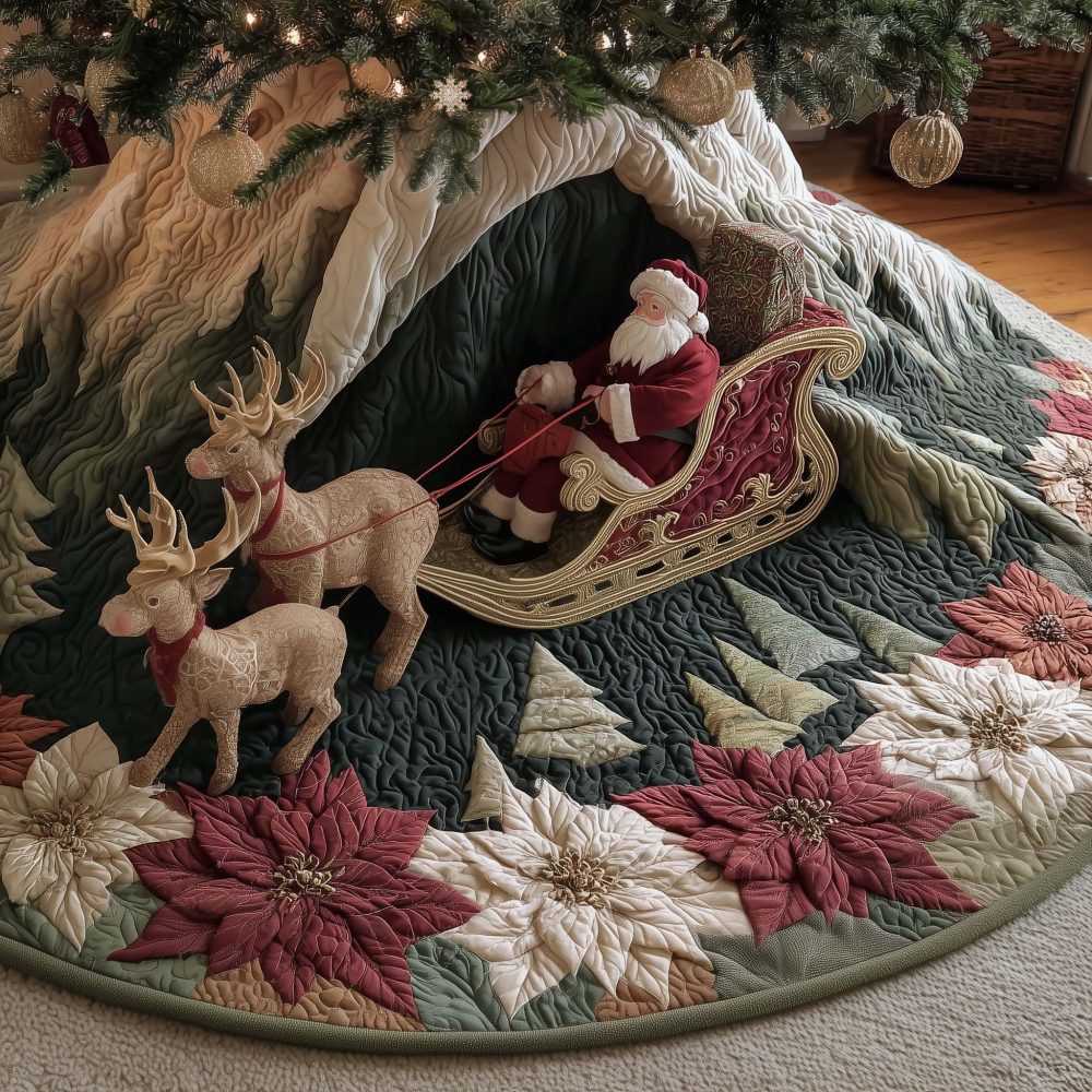 Santa Sleigh Through Pine Forest Tree Skirt — Custom Handcrafted Holiday Skirt, Reindeer & Sleigh Scene, Premium Felt Décor