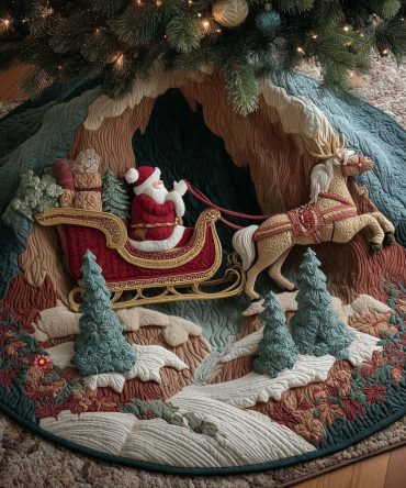 Santa'S Sleigh In Ice Cave Tree Skirt — Custom-Made Icy Christmas Skirt With Santa Sleigh Motif For Cool Winter Holiday Décor