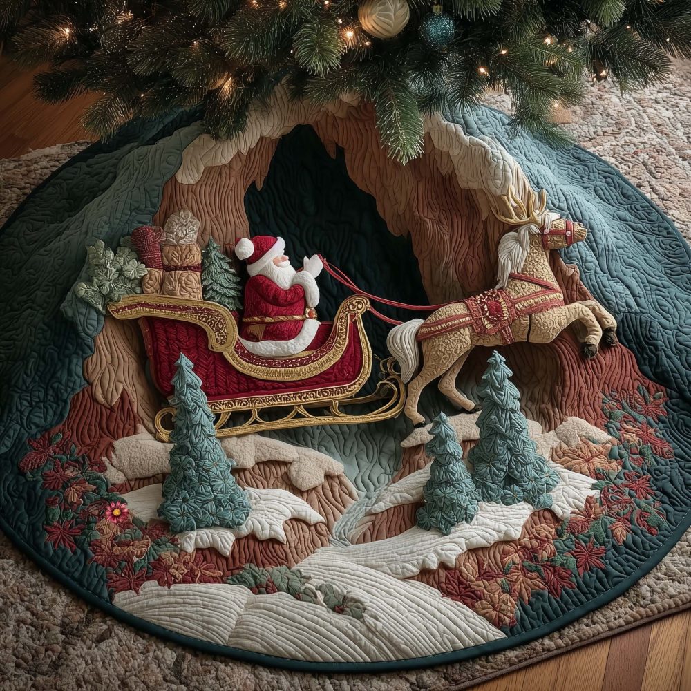 Santa'S Sleigh In Ice Cave Tree Skirt — Custom-Made Icy Christmas Skirt With Santa Sleigh Motif For Cool Winter Holiday Décor