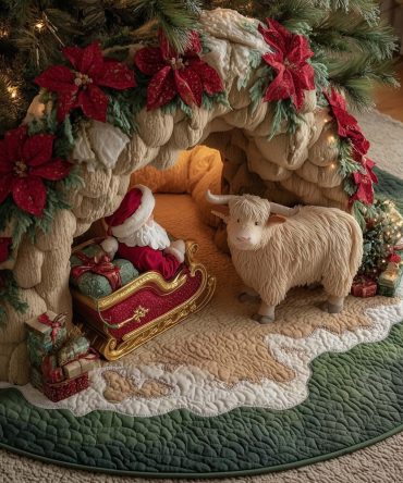 Santa & Highland Cow Sleigh Tree Skirt — Custom-Made Whimsical Christmas Skirt Pairing Santa With A Highland Cow For Unique Festive Charm