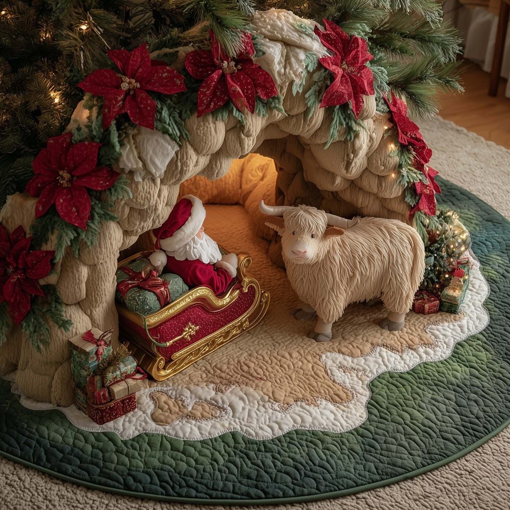 Santa & Highland Cow Sleigh Tree Skirt — Custom-Made Whimsical Christmas Skirt Pairing Santa With A Highland Cow For Unique Festive Charm