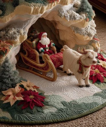 Highland Cow At The Sleigh Grotto Tree Skirt — Custom-Made Rustic Christmas Skirt With Highland Cow And Sleigh For Country Holiday Charm