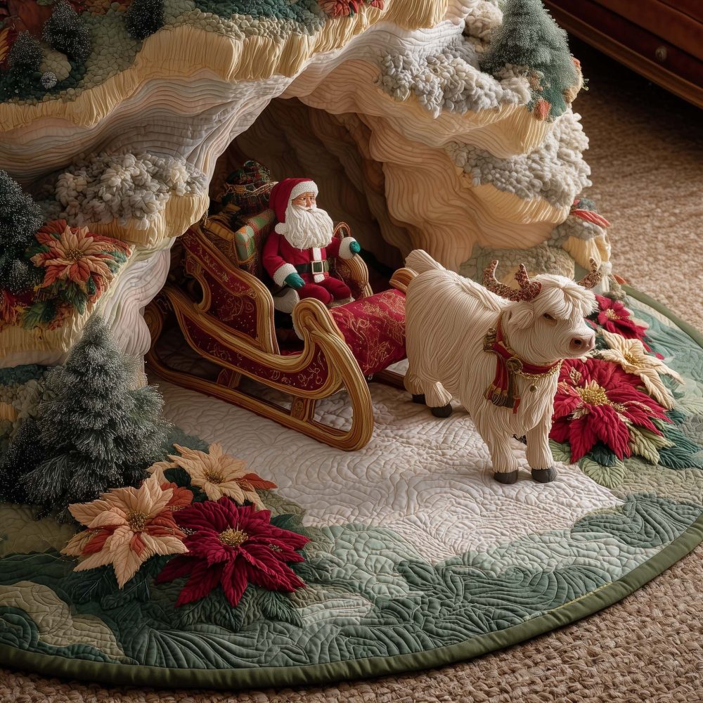 Highland Cow At The Sleigh Grotto Tree Skirt — Custom-Made Rustic Christmas Skirt With Highland Cow And Sleigh For Country Holiday Charm