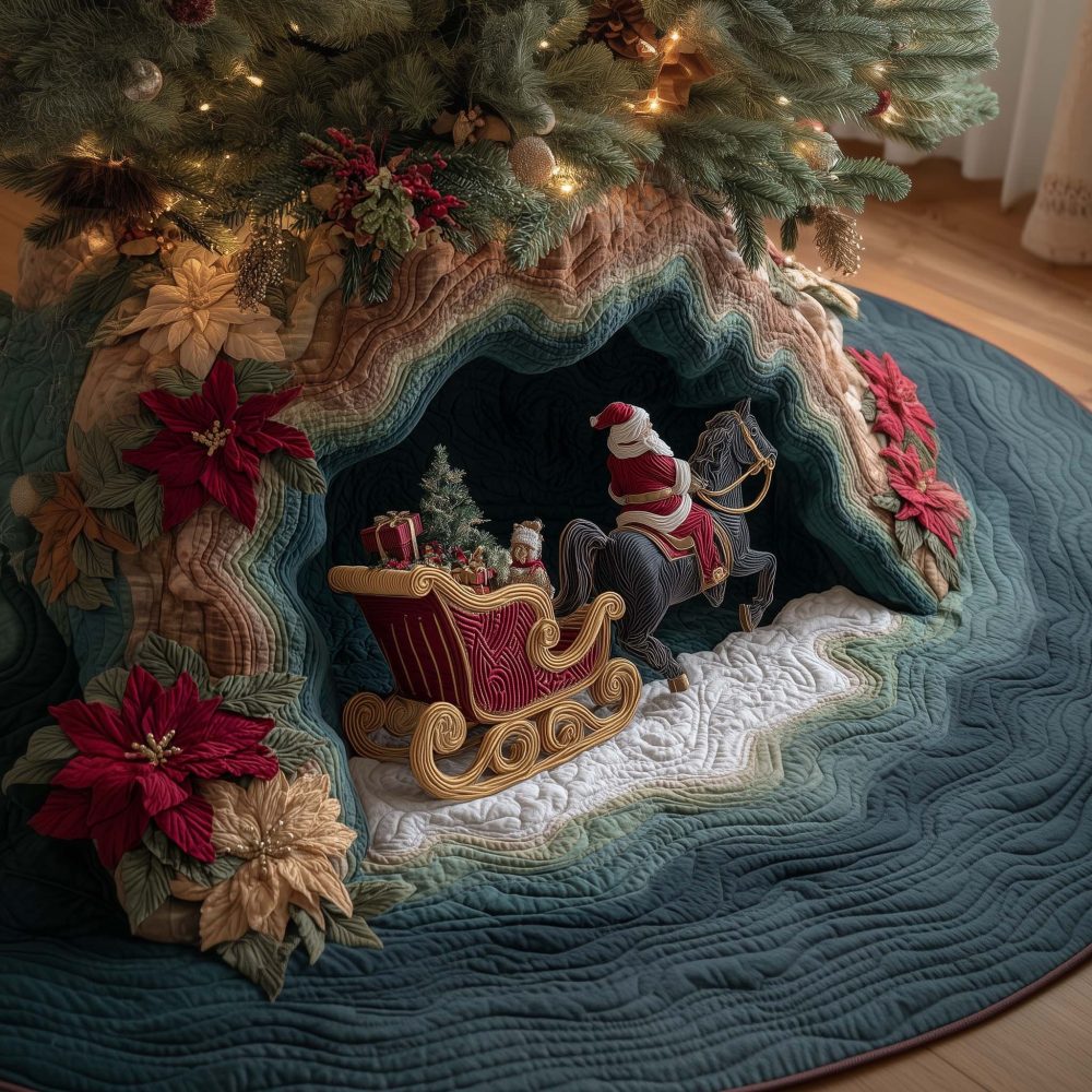 Santa'S Sleigh In Poinsettia Cave Tree Skirt — Custom-Made Festive Skirt With Santa Sleigh And Poinsettia Artwork For Seasonal Elegance