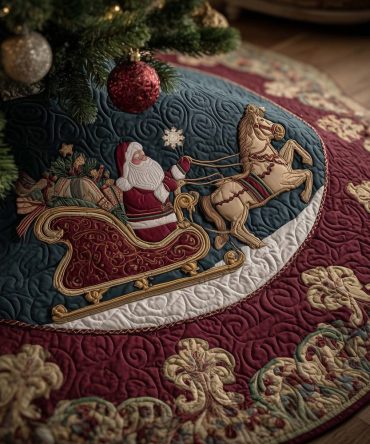 Santa'S Sleigh On Golden Scroll Tree Skirt — Custom-Made Luxurious Christmas Skirt With Golden Scroll And Sleigh For Elegant Holiday Décor