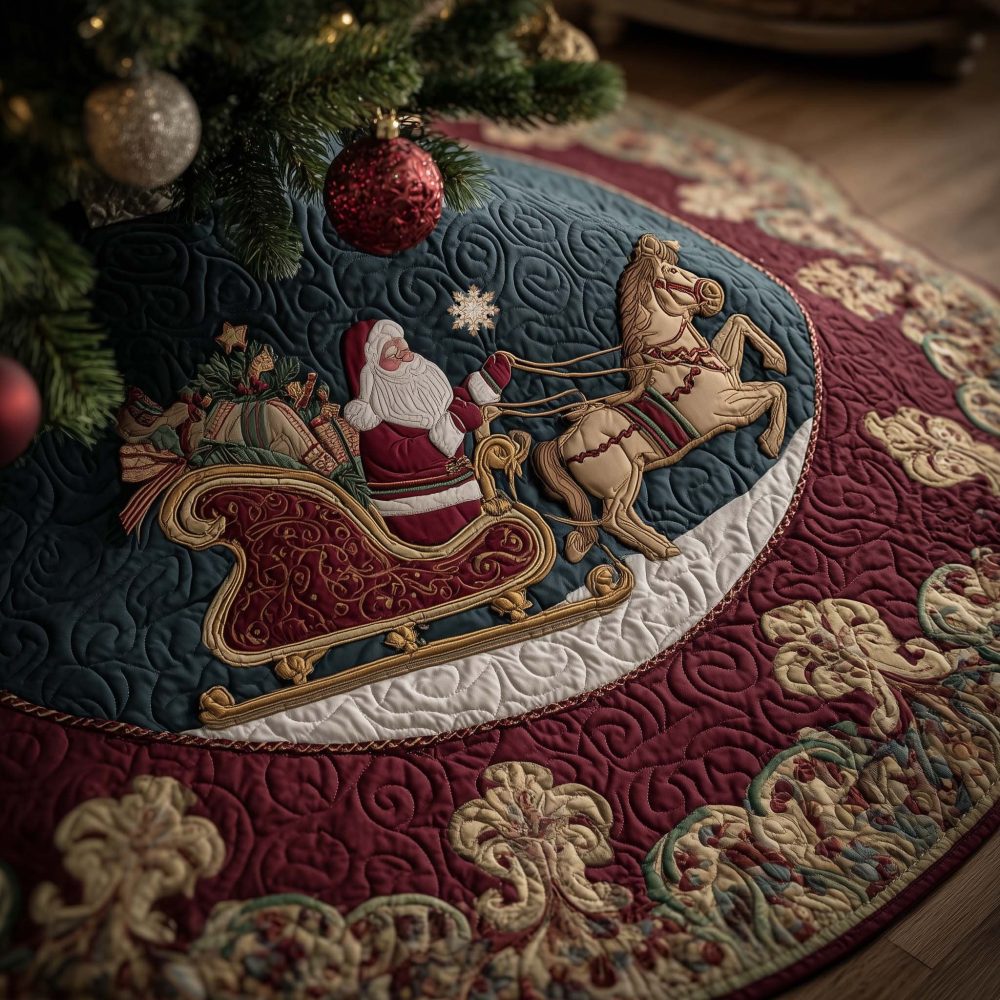 Santa'S Sleigh On Golden Scroll Tree Skirt — Custom-Made Luxurious Christmas Skirt With Golden Scroll And Sleigh For Elegant Holiday Décor