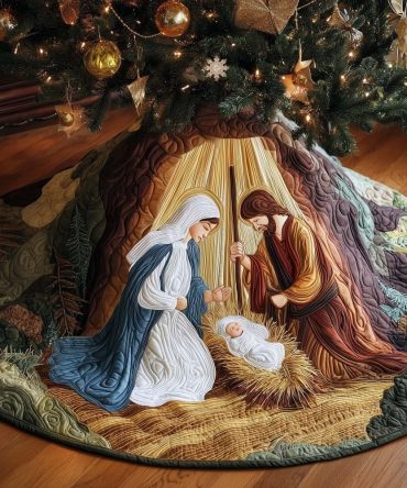Golden Cave Nativity Tree Skirt — Luxurious Made-To-Order Gold Toned Nativity Christmas Skirt, Quilted & Lined