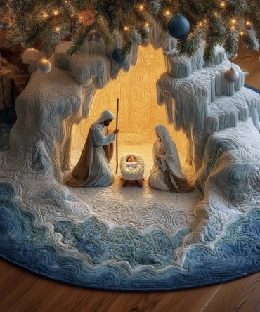 White Ice Grotto Nativity Tree Skirt — Elegant Made-To-Order White Christmas Tree Skirt With Wintery Grotto Design