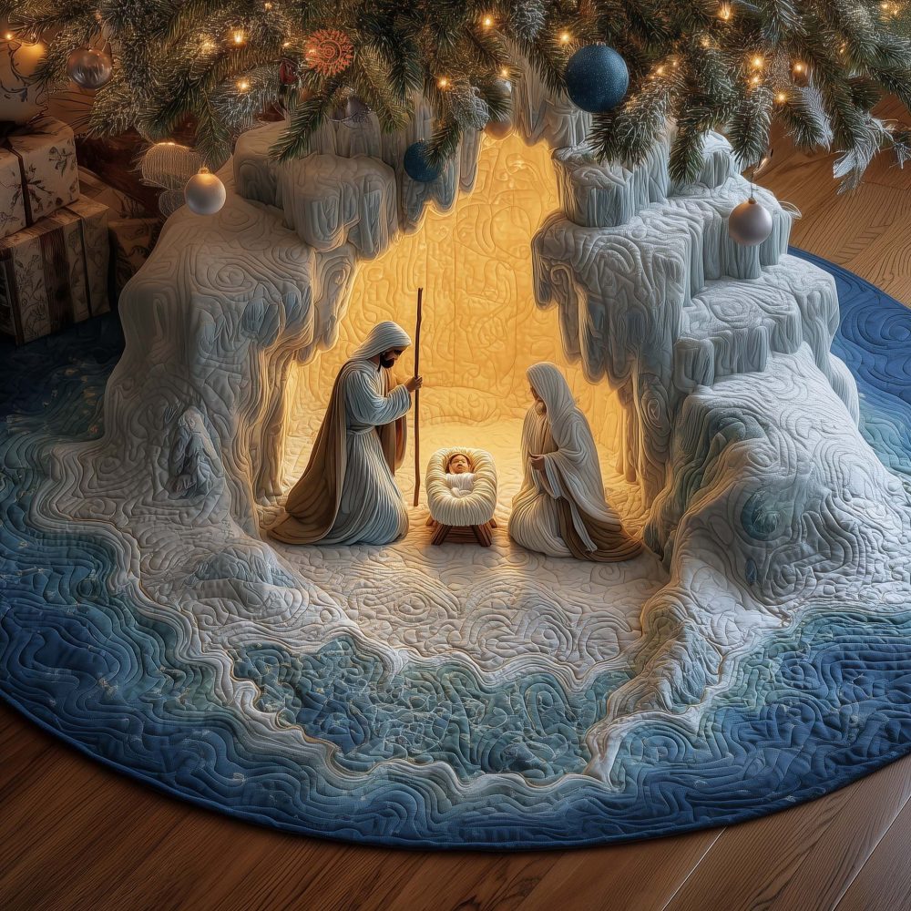 White Ice Grotto Nativity Tree Skirt — Elegant Made-To-Order White Christmas Tree Skirt With Wintery Grotto Design