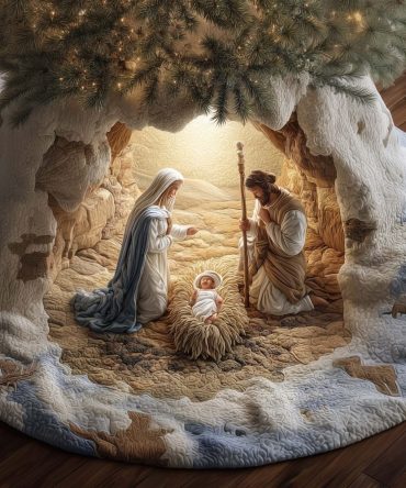 Custom Pale Stone Nativity Christmas Tree Skirt — Made-To-Order Stone Cave Inspired Holiday Tree Skirt, Quilted Finish