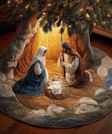 Handcrafted Blue & Cream Nativity Christmas Tree Skirt — Custom Holiday Tree Skirt With Classic Holy Family Scene
