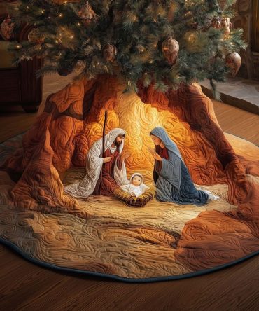 Nativity In Red Rock Cave Tree Skirt — Made-To-Order Dramatic Manger Scene Holiday Skirt With Rich Red Accents