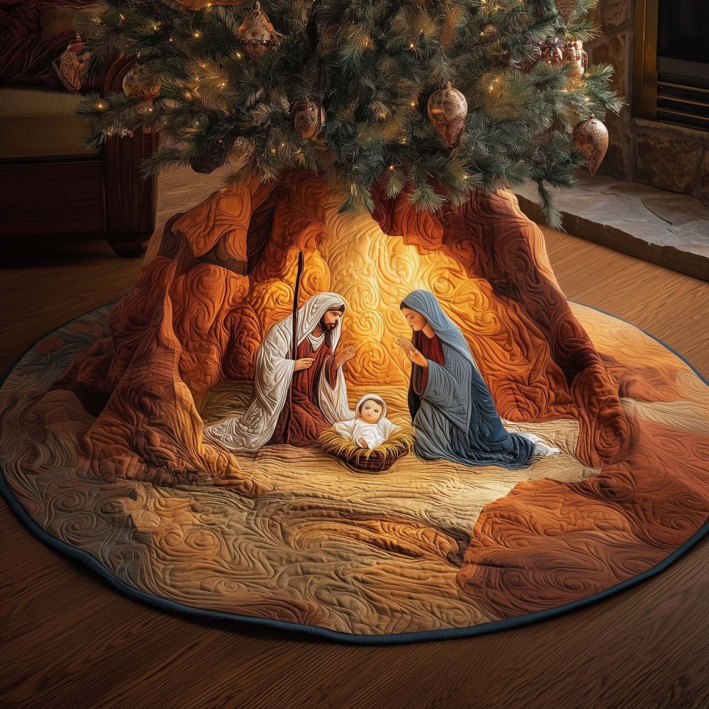 Nativity In Red Rock Cave Tree Skirt — Made-To-Order Dramatic Manger Scene Holiday Skirt With Rich Red Accents