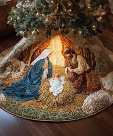 Nativity On Straw Tree Skirt With Green Border — Made-To-Order Rustic Manger Skirt For Traditional Christmas Displays