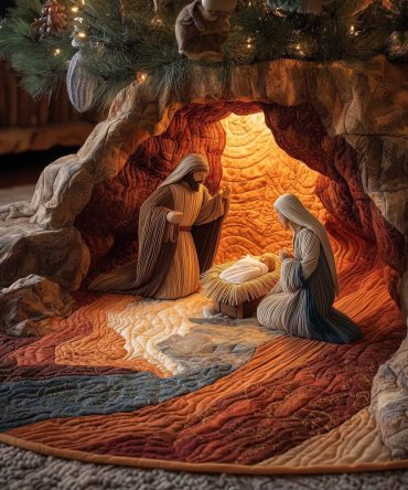 Handcrafted Blessed Manger Christmas Tree Skirt - Custom Made-To-Order Holiday Tree Base, Nativity Accent