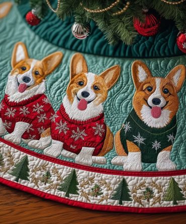 Corgis In Sweaters On Emerald Tree Skirt — Custom-Made Emerald Holiday Skirt With Playful Corgi Sweater Pattern For Joyful Christmas Styling