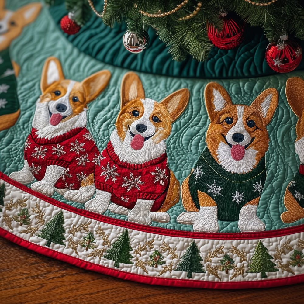 Corgis In Sweaters On Emerald Tree Skirt — Custom-Made Emerald Holiday Skirt With Playful Corgi Sweater Pattern For Joyful Christmas Styling