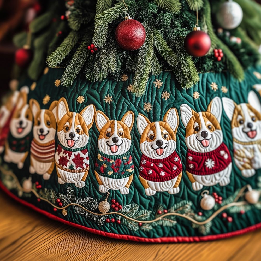 Corgi Row In Knitted Jumpers Tree Skirt — Custom-Made Cozy Christmas Skirt Featuring Corgis In Sweaters For Playful Festive Decor