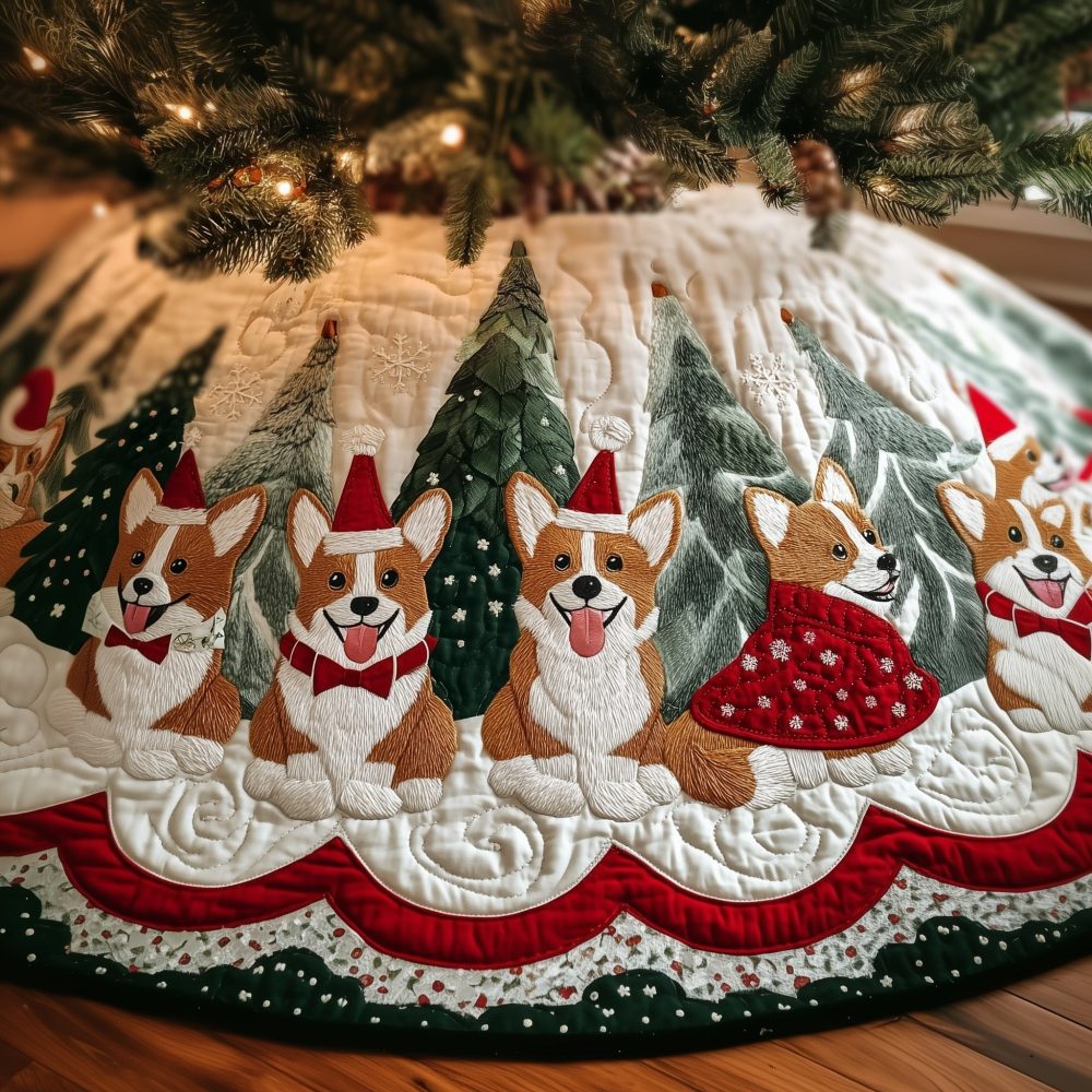 Corgis In Snowy Pine Woods Tree Skirt — Custom-Made Christmas Tree Skirt With Adorable Corgi Winter Scene For Animal Lovers
