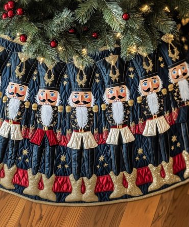 Nutcracker Guard On Navy Stars Christmas Tree Skirt — Custom Holiday Skirt With Classic Military Toy Design, Elegant Navy Accent