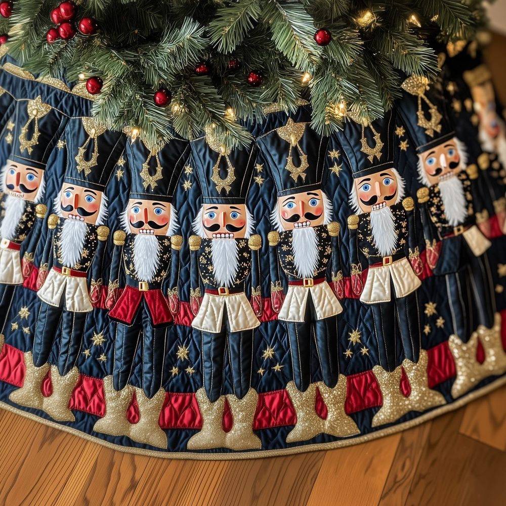Nutcracker Guard On Navy Stars Christmas Tree Skirt — Custom Holiday Skirt With Classic Military Toy Design, Elegant Navy Accent