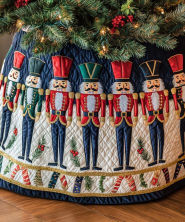 Ivory Nutcracker Holiday Tree Skirt — Custom-Made Festive Christmas Tree Skirt With Classic Nutcracker Regiment Motif, Luxury Heirloom Décor