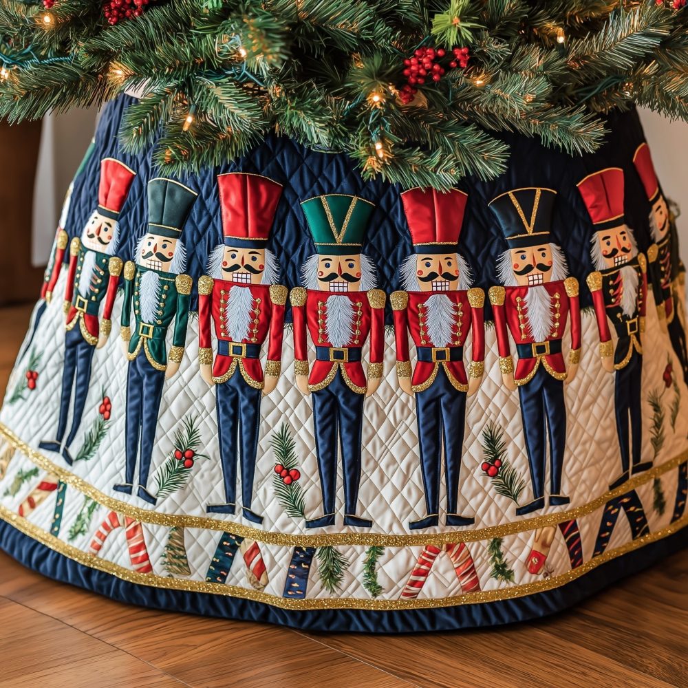 Ivory Nutcracker Holiday Tree Skirt — Custom-Made Festive Christmas Tree Skirt With Classic Nutcracker Regiment Motif, Luxury Heirloom Décor