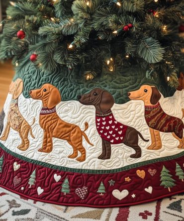 Burgundy Heart Border Dachshund Christmas Tree Skirt — Romantic Quilted Dog-Themed Tree Skirt, Custom Holiday Décor & Gift Idea