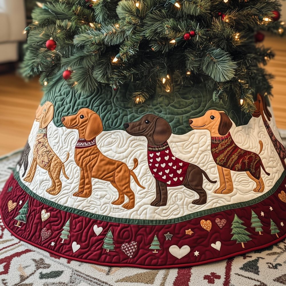 Burgundy Heart Border Dachshund Christmas Tree Skirt — Romantic Quilted Dog-Themed Tree Skirt, Custom Holiday Décor & Gift Idea