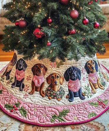 Pink Sweater Dachshund Christmas Tree Skirt With Pink Border — Cute Quilted Holiday Tree Skirt, Customizable & Perfect Pet-Lover Gift